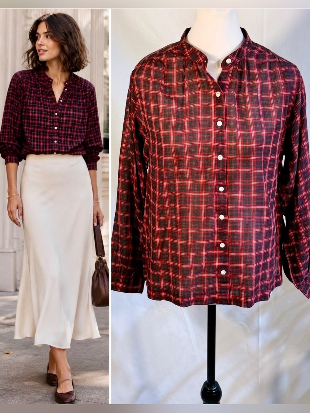 💥DÔEN Breena Top Rouge Countryside Plaid Gathered Blouse Red Black Sz S🧡
